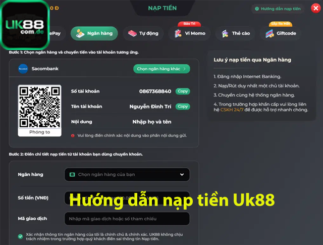 Hướng dẫn nạp tiền Uk88